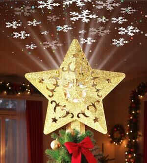 LED Christmas Tree Topper Projector Gold Star 360° Rotating Snowflake Light -...
